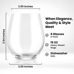 Chef's Star Stemless Wine Glasses Set of 6, No Stem Wine Glasses with Heavy Base, Ideal for Cocktails, Red Wine and Scotch for Homes and Bars 15 oz, Set of 6