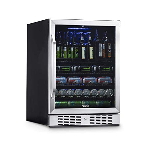 NewAir | 177 Can Beverage Cooler With Glass Door | Reversible Insulated Hinge Door Mini Fridge, Adjustable Shelves, Key Lock, Stainless Steel | Built-in, Freestanding, Under Counter Refrigerator