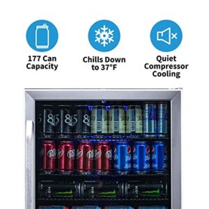 NewAir | 177 Can Beverage Cooler With Glass Door | Reversible Insulated Hinge Door Mini Fridge, Adjustable Shelves, Key Lock, Stainless Steel | Built-in, Freestanding, Under Counter Refrigerator