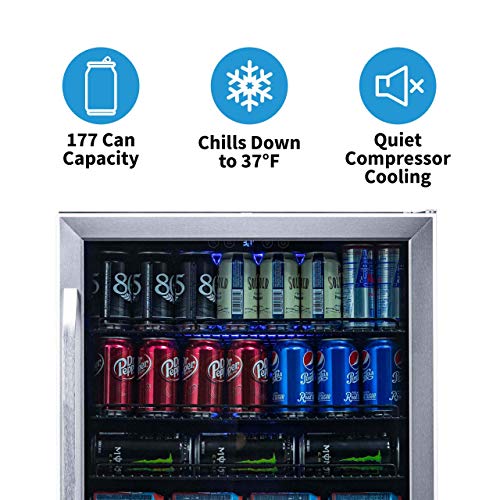 NewAir | 177 Can Beverage Cooler With Glass Door | Reversible Insulated Hinge Door Mini Fridge, Adjustable Shelves, Key Lock, Stainless Steel | Built-in, Freestanding, Under Counter Refrigerator