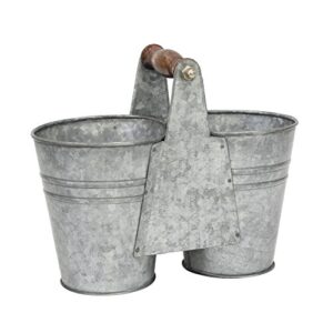 stonebriar small antique galvanized metal double bucket with wooden handle, gray