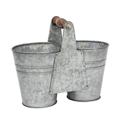 Stonebriar Small Antique Galvanized Metal Double Bucket with Wooden Handle, Gray