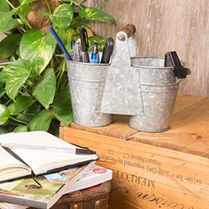 Stonebriar Small Antique Galvanized Metal Double Bucket with Wooden Handle, Gray