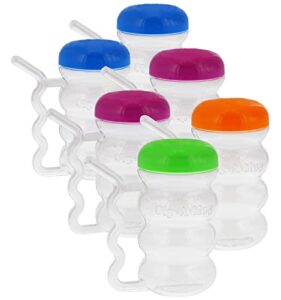 arrow home products sip-a-mug, 14oz, 6pk - easy to grip plastic kid's cup where the handle is the straw - bpa-free with screw-on caps great for everyday use, made in the usa - clear with color lids