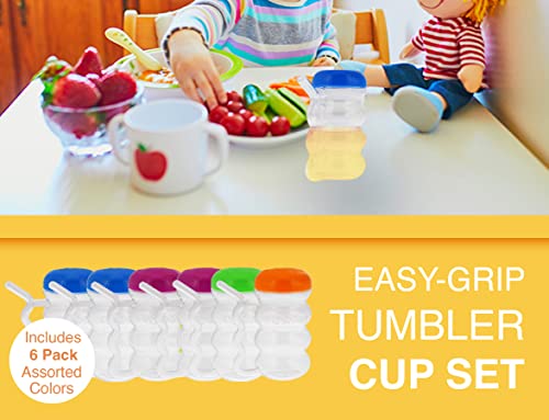 Arrow Home Products Sip-A-Mug, 14oz, 6pk - Easy to Grip Plastic Kid's Cup Where the Handle is the Straw - BPA-free with Screw-On Caps Great for Everyday Use, Made in the USA - Clear with Color Lids