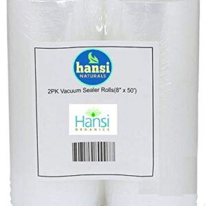 Hansi Naturals 2-Pack 8"x50' Rolls Commercial Grade Vacuum Bags BPA FREE! 3mil Vacuum Seal Rolls (2) Freezer storage vacuum bags