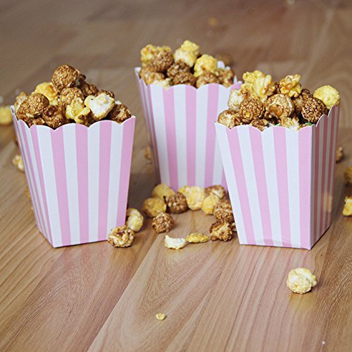 NUIBY Popcorn Boxes, Pink Trio (36 Pack) Polka Dot, Chevron, Stripe Treat Boxes - Small Movie Theater Popcorn Paper Bags for Dessert Tables & Wedding Favors