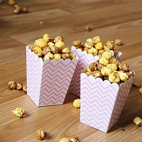 NUIBY Popcorn Boxes, Pink Trio (36 Pack) Polka Dot, Chevron, Stripe Treat Boxes - Small Movie Theater Popcorn Paper Bags for Dessert Tables & Wedding Favors