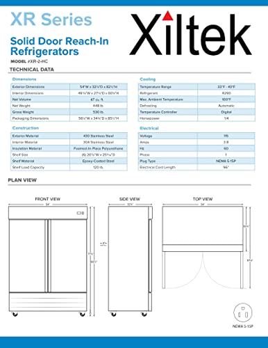 Xiltek New 54" Commercial Reach-In All Stainless Steel Full Refrigerator Cooler 47 cu. Ft.