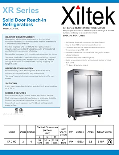 Xiltek New 54" Commercial Reach-In All Stainless Steel Full Refrigerator Cooler 47 cu. Ft.