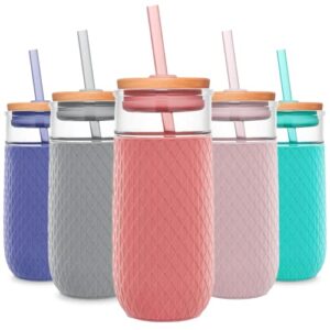 ello devon glass tumbler with splash proof wooden lid and straw, protective no sweat silicone sleeve, perfect for smoothies and iced coffee, bpa free, dishwasher safe, multicolor, 18oz