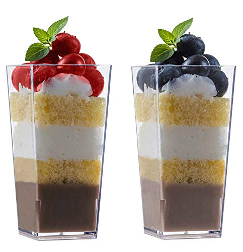 zappy 100 3oz Tall Square Mini Dessert Cups Plastic Dessert Cups Tasting Plastic Shot Glass Shooter Cups Parfait Glasses Appetizer Bowls Trifle Bowl Tumbler Shooter (3oz Dessert Cups 100Ct)