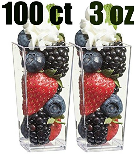 zappy 100 3oz Tall Square Mini Dessert Cups Plastic Dessert Cups Tasting Plastic Shot Glass Shooter Cups Parfait Glasses Appetizer Bowls Trifle Bowl Tumbler Shooter (3oz Dessert Cups 100Ct)