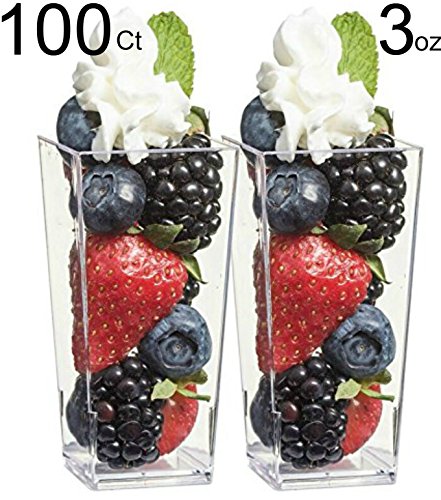 zappy 100 3oz Tall Square Mini Dessert Cups Plastic Dessert Cups Tasting Plastic Shot Glass Shooter Cups Parfait Glasses Appetizer Bowls Trifle Bowl Tumbler Shooter (3oz Dessert Cups 100Ct)