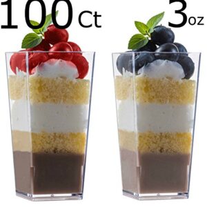 zappy 100 3oz Tall Square Mini Dessert Cups Plastic Dessert Cups Tasting Plastic Shot Glass Shooter Cups Parfait Glasses Appetizer Bowls Trifle Bowl Tumbler Shooter (3oz Dessert Cups 100Ct)