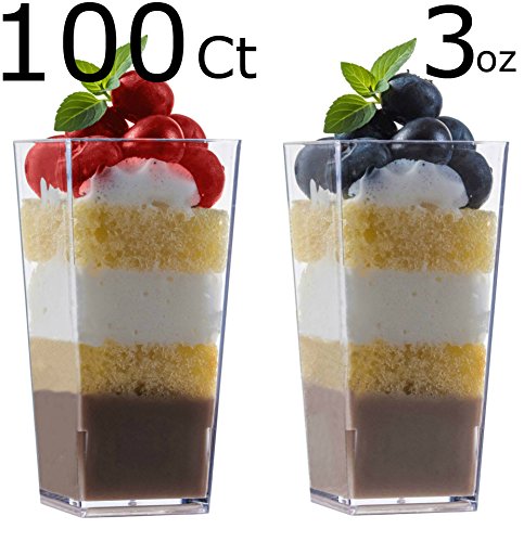 zappy 100 3oz Tall Square Mini Dessert Cups Plastic Dessert Cups Tasting Plastic Shot Glass Shooter Cups Parfait Glasses Appetizer Bowls Trifle Bowl Tumbler Shooter (3oz Dessert Cups 100Ct)