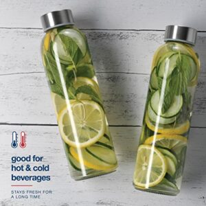 glass bottles 6 Pack 18oz - Includes 6 Sleeves (COLORS MAY VARY) - glass drinking bottles for Beverage and Juice - water bottle glass with stainless Steel Caps with - Leak-Proof Lid