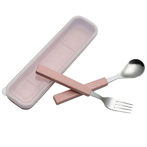 VANRA 2-Piece Children Flatware Set 18/10 Stainless Steel Child Tableware Set Silver Cutlery Set Silverware Dinner Utensils Spoon Fork Set with Travel Case for Kids (Chrome Finished) (Pink)