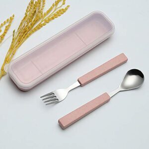 VANRA 2-Piece Children Flatware Set 18/10 Stainless Steel Child Tableware Set Silver Cutlery Set Silverware Dinner Utensils Spoon Fork Set with Travel Case for Kids (Chrome Finished) (Pink)