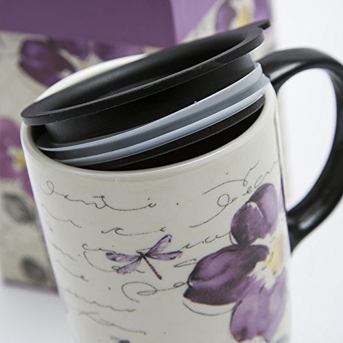 Topadorn Tall Ceramic Travel Mug 17 oz. Coffee Cups Sealed Lid With Color Box (Purple Flower)