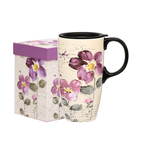 Topadorn Tall Ceramic Travel Mug 17 oz. Coffee Cups Sealed Lid With Color Box (Purple Flower)