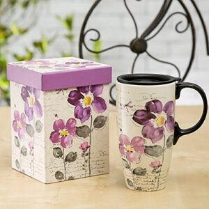 Topadorn Tall Ceramic Travel Mug 17 oz. Coffee Cups Sealed Lid With Color Box (Purple Flower)