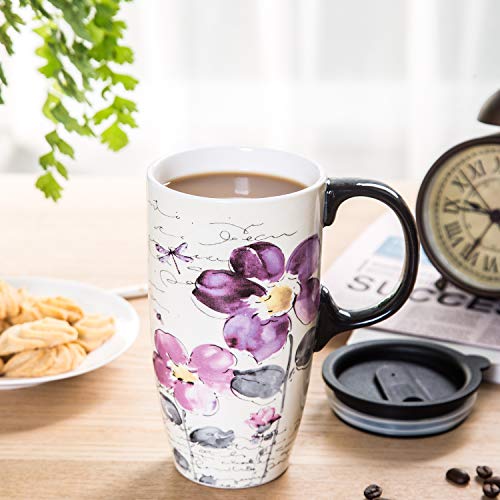 Topadorn Tall Ceramic Travel Mug 17 oz. Coffee Cups Sealed Lid With Color Box (Purple Flower)