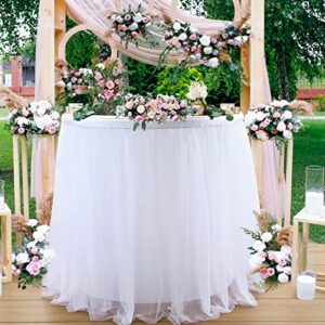 6ft White Tulle Table Skirt for Rectangle or Round Tables Tutu Table Skirt White Ruffle Table Cloth for Wedding Bridal Shower Baptism Birthday Party Christening Banquet Table Decorations(L6(ft)H 30in)