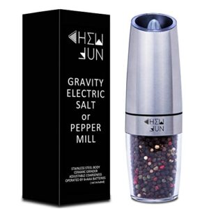 Gravity Salt and Pepper Mill with Adjustable Coarseness Automatic Pepper and Salt Grinder Battery Powered with Blue LED Light,One Hand Operated,Brushed Stainless Steel by CHEW FUN