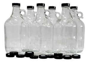 fastrack 64 oz growler, 1/2 gallon glass beer growler, half gallon glass jug, clear growlers for beer, 1/2 gallon glass jug, set of 6, comes with 12 extra poly seal caps