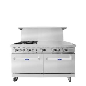 atosa ato-36g4b 60'' gas range. (4) open burners and 36'' griddle on the left with two 26'' 1/2 wide ovens