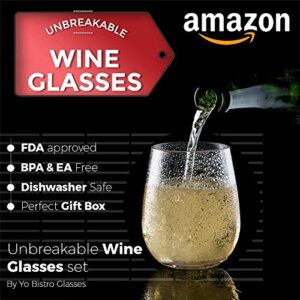 YO BISTRO Unbreakable Stemless Wine Glasses | Set of 4 + Gift Box | 100% Tritan Shatterproof Plastic | 16 Oz | Dishwasher Safe