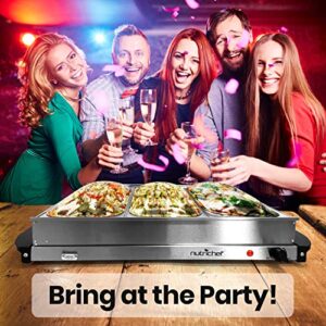 NutriChef 3 Tray Buffet Server & Hot Plate Food Warmer | Tabletop Electric Food Warming Tray | Easy Clean Stainless Steel | Portable & Great for Parties & Events | Max Temp 175F | (PKBFWM33.V7)
