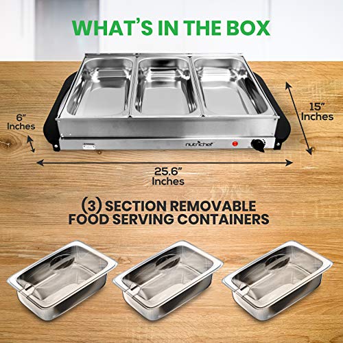 NutriChef 3 Tray Buffet Server & Hot Plate Food Warmer | Tabletop Electric Food Warming Tray | Easy Clean Stainless Steel | Portable & Great for Parties & Events | Max Temp 175F | (PKBFWM33.V7)