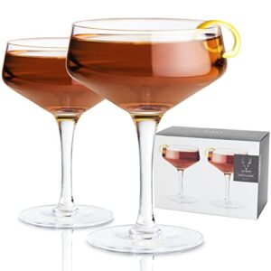 viski raye angled stemmed crystal coupe cocktail glassess, champagne coupe glasses, drinkware set, espresso martini glasses set of 2, 7oz