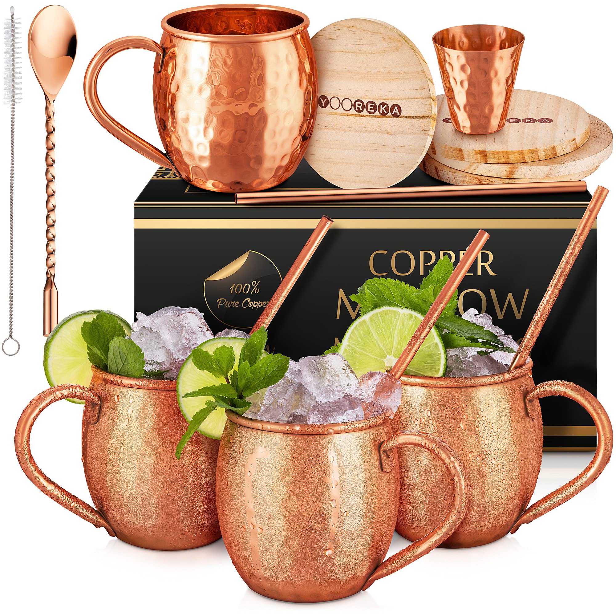 Yooreka Gift Set Moscow Mule Mugs Set Of 4 16 oz Solid Cooper, 100% Pure Copper Cups Cylindrical Shape HANDCRAFTED,BONUS 4 Straws, 4 Wood Coasters, Stirring Spoon, Cleaning brush (Oval)