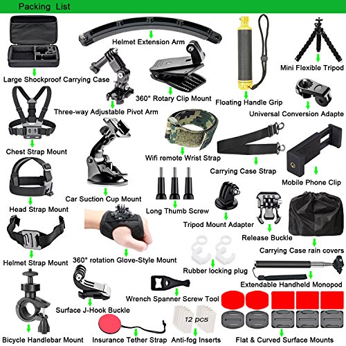 50 in 1 Basic Common Action Camera Outdoor Sports Accessories Kit for Gopro Hero 12/11/10/9/8/7/6/fusion/5/Session/4/3/DJI/HERO+ SJ4000/5000/6000/Xiaomi Yi/AKASO/APEMAN/DBPOWER/Sony Sports DV and More