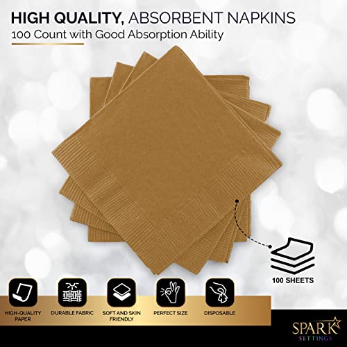 Amcrate Big Party Pack 100 Count Gold Beverage Napkins - Ideal for Wedding, Party, Birthday, Dinner, Lunch, Cocktails. (5” x 5”)