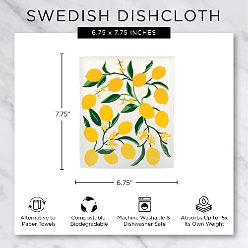 DII Swedish Dishcloths for Kitchen & Cleaning, Reusable, Machine Washable & Dishwasher Safe, Biodegradable, 7.75 x 6.75, Lemons, 3 Piece