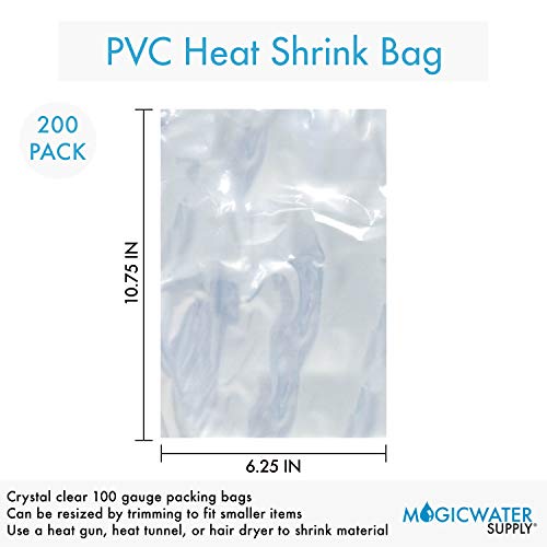 MagicWater Supply - 6.25x10.75 inch Odorless, Clear, 100 Guage, PVC Heat Shrink Wrap Bags for Gifts, Packagaing, Homemade DIY Projects, Bath Bombs, Soaps, and Other Merchandise (200 Pack)