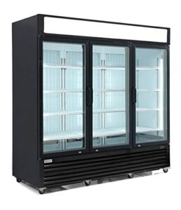 vortex refrigeration commercial grade merchandiser freezer | 3 self-closing doors | fog resistant glass | 69 cu. ft. | 12 adjustable shelves | for restaurants | 78.2” x 29.9” x 78.7" | black