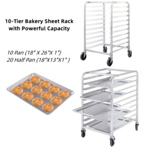 CHEFJOY 10 Sheet Aluminum Kitchen Bun Pan Sheet Rack w/Wheels 2 Lockable Home Commercial Use Bakery Cooling Rack Open Shelf