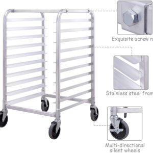 CHEFJOY 10 Sheet Aluminum Kitchen Bun Pan Sheet Rack w/Wheels 2 Lockable Home Commercial Use Bakery Cooling Rack Open Shelf