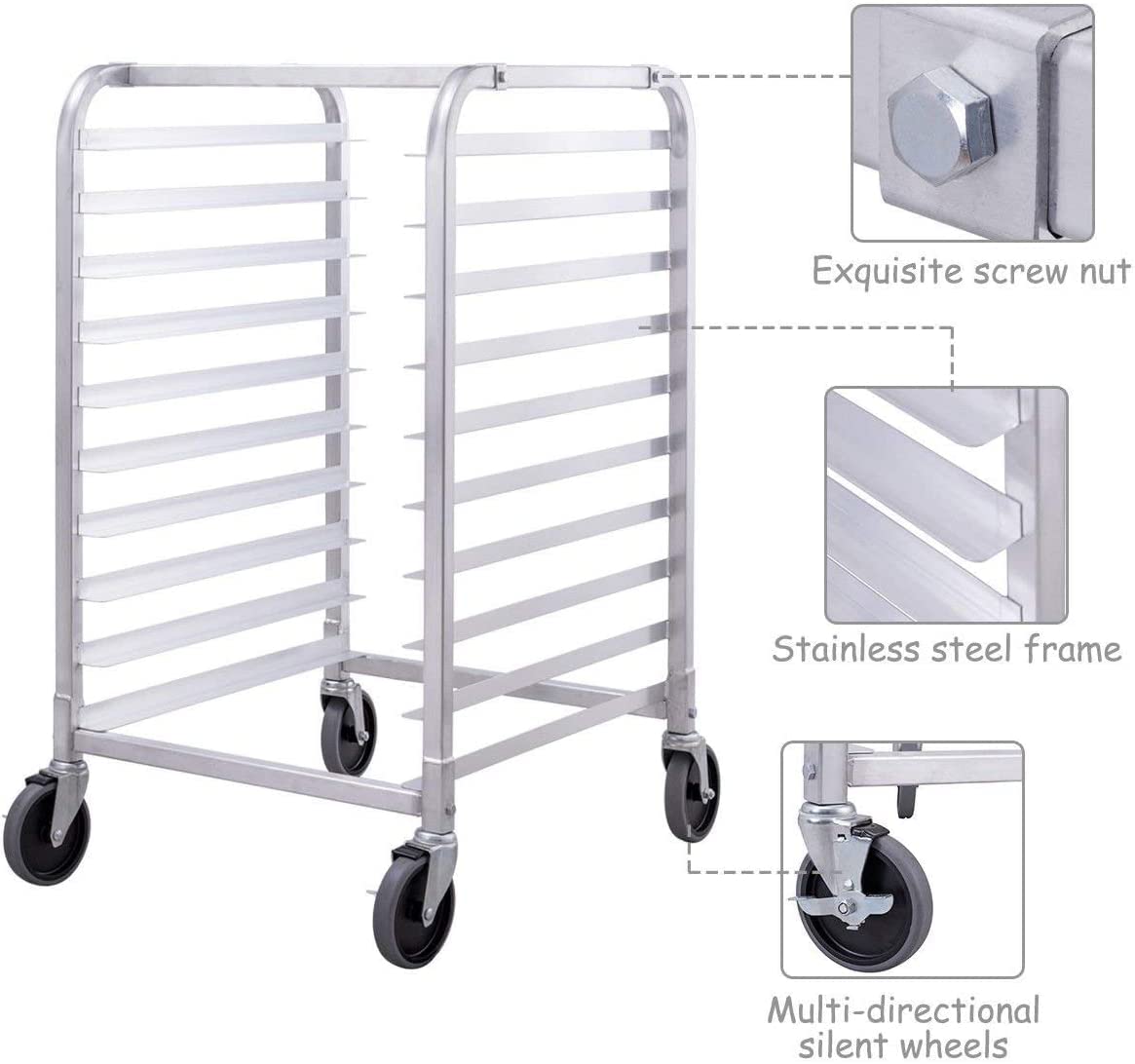 CHEFJOY 10 Sheet Aluminum Kitchen Bun Pan Sheet Rack w/Wheels 2 Lockable Home Commercial Use Bakery Cooling Rack Open Shelf