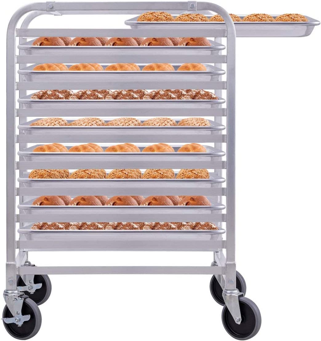 CHEFJOY 10 Sheet Aluminum Kitchen Bun Pan Sheet Rack w/Wheels 2 Lockable Home Commercial Use Bakery Cooling Rack Open Shelf