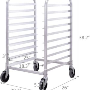 CHEFJOY 10 Sheet Aluminum Kitchen Bun Pan Sheet Rack w/Wheels 2 Lockable Home Commercial Use Bakery Cooling Rack Open Shelf