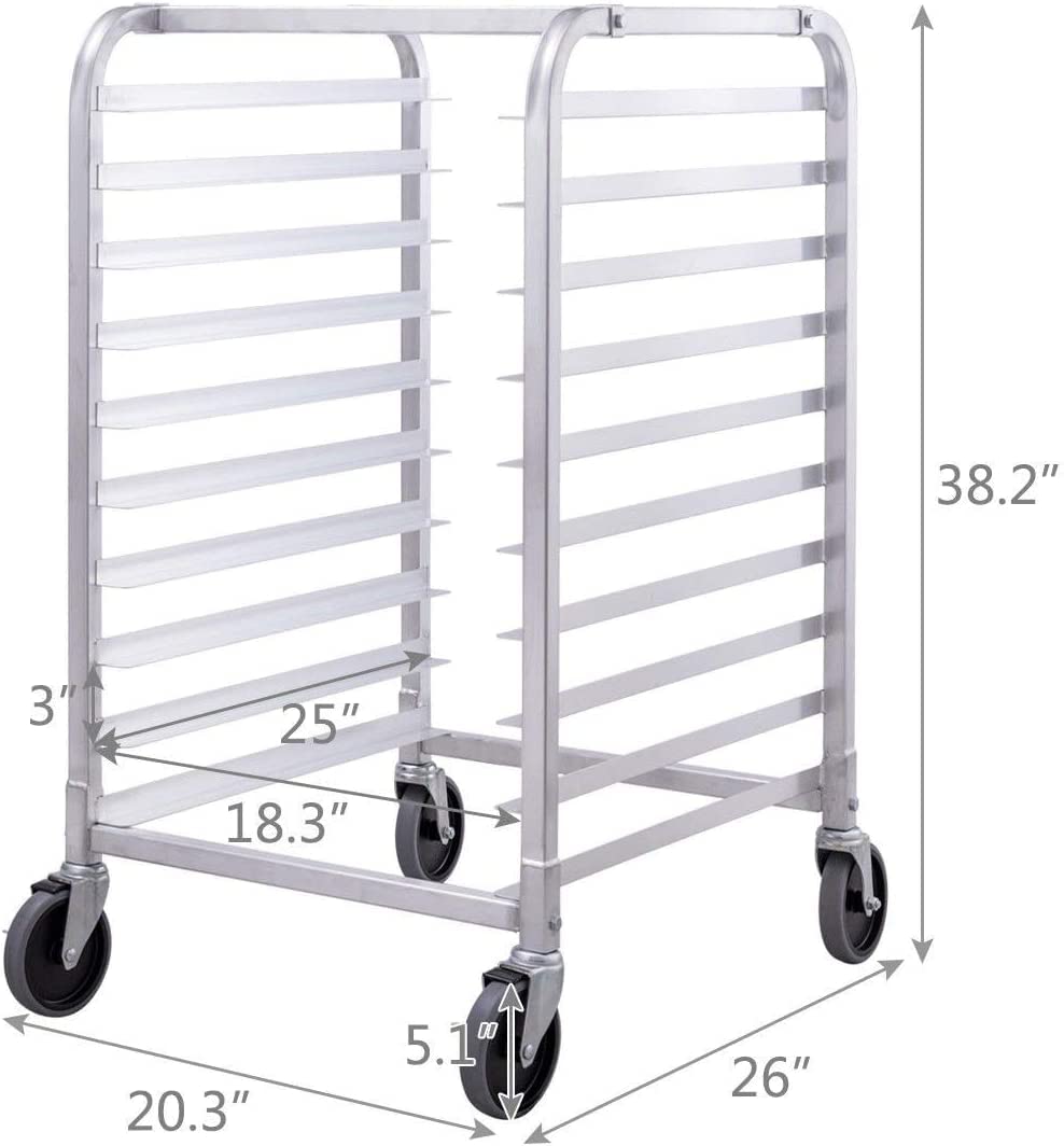 CHEFJOY 10 Sheet Aluminum Kitchen Bun Pan Sheet Rack w/Wheels 2 Lockable Home Commercial Use Bakery Cooling Rack Open Shelf