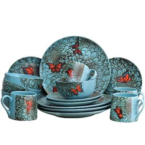 elama elm-butterfly-garden, 16pc dinnerware, blue