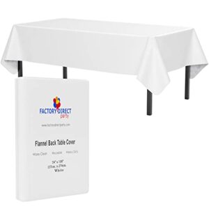 white vinyl tablecloths - 54 in. x 108 in. - pack of 1 rectangle tablecloth - white flannel backed vinyl tablecloths for rectangle tables - plastic table cloths with flannel backing - waterproof