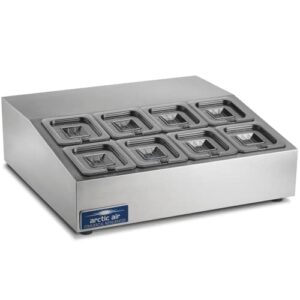 arctic air acp8sq 27.5" compact refrigerated countertop prep unit with 8 1/6 stainless pans and covers, silver, 115v
